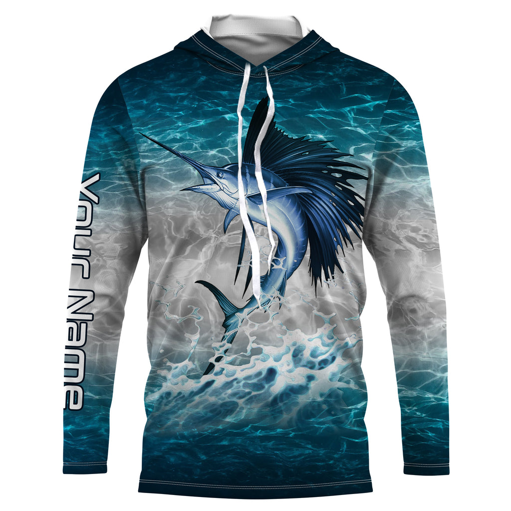 Sailfish Fishing Blue Sea Water Camo Custom Name Performance Long Sleeve Fishing Shirts UV Protection NQS3663 Long Sleeves Hooded UPF / 2XL