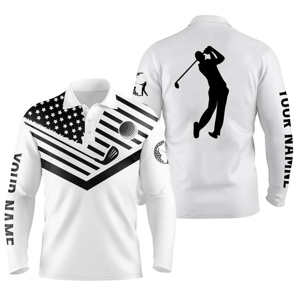 Mens golf polo shirt black American flag 4th July custom name white golf shirt NQS3671