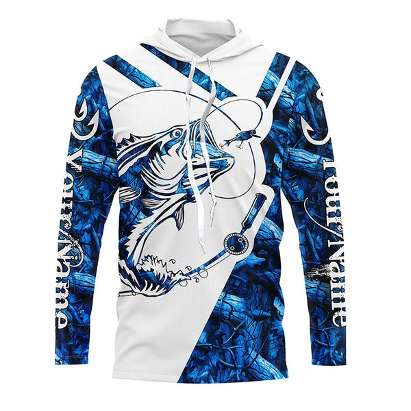 Largemouth Bass Fishing blue camo UV protection Custom name long sleeves fishing shirts NQS900