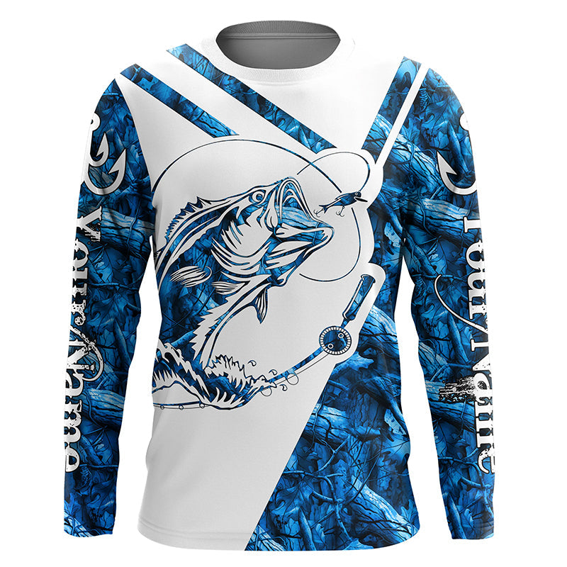 Largemouth Bass Fishing blue camo UV protection Custom name long sleeves fishing shirts NQS900