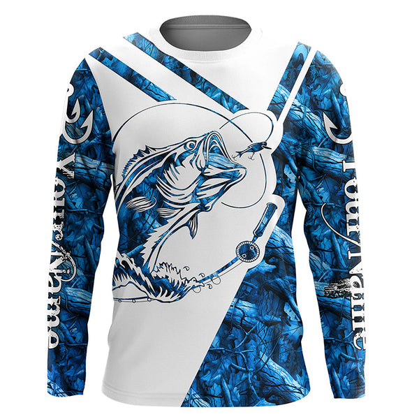 Largemouth Bass Fishing blue camo UV protection Custom name long sleeves fishing shirts NQS900