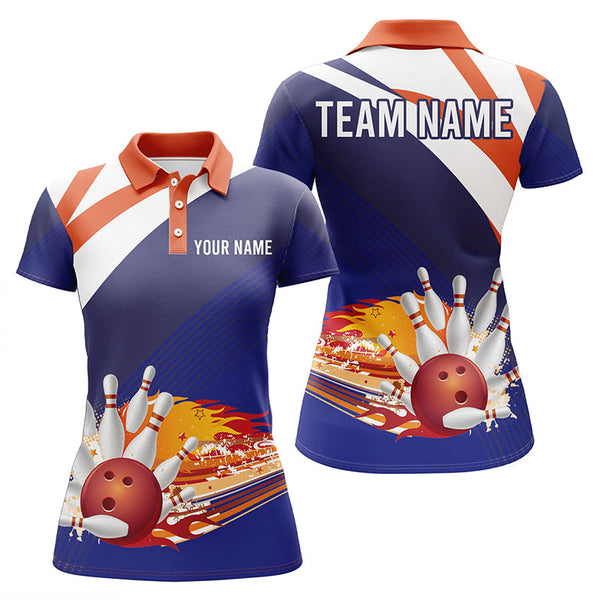 Blue and orange Women's Polo Bowling Shirt Custom Name Ladies Bowlers Jersey, team bowling gifts NQS5830