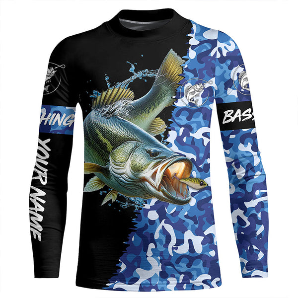 Largemouth bass Fishing blue sea camo UV protection customize name long sleeves shirts fishing apparel NQS2309