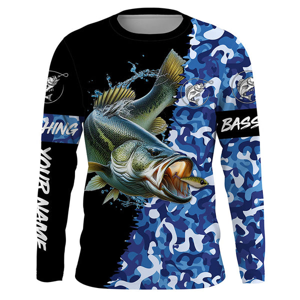 Largemouth bass Fishing blue sea camo UV protection customize name long sleeves shirts fishing apparel NQS2309