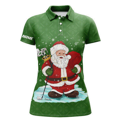 Womens golf polo shirt custom name Christmas green pattern Santa golfer, Christmas golf gift for women NQS4449
