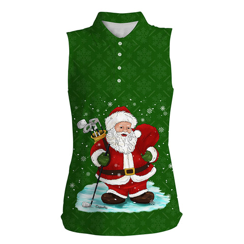 Womens sleeveless polo shirt Christmas green pattern Santa golfer, Christmas golf gift for women NQS4449
