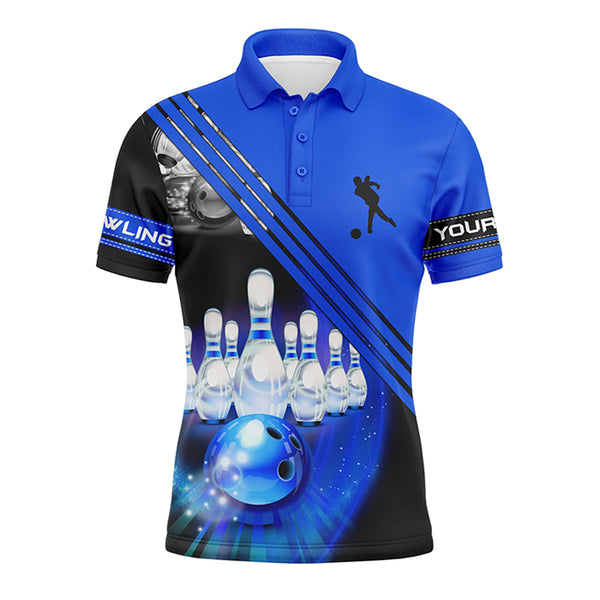 Custom bowling shirts for men bowling ball and pins team shirt, custom bowling jerseys | Blue NQS4452