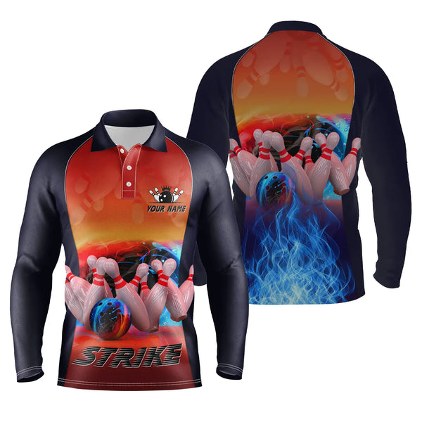 Bowling polo shirts for men custom name blue fire Bowling strike Ball and Pins bowling jerseys NQS4813