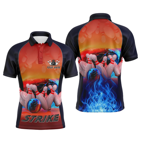 Bowling polo shirts for men custom name blue fire Bowling strike Ball and Pins bowling jerseys NQS4813