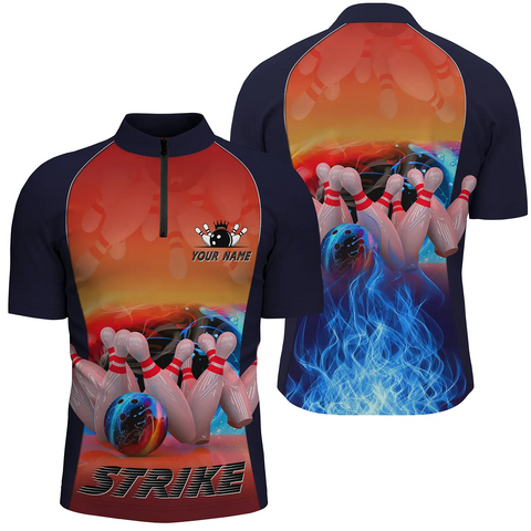 Men's bowling shirt Quarter Zip custom name blue fire Bowling strike Ball and Pins bowling jerseys NQS4813