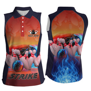 Women's bowling Sleeveless polo shirt custom blue fire Bowling strike Ball and Pins bowling jerseys NQS4813