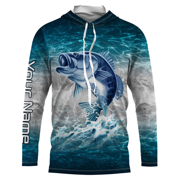 Bass fishing blue sea water camo Custom Name performance long sleeve fishing shirts uv protection NQS3680