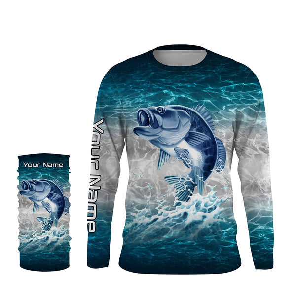 Bass fishing blue sea water camo Custom Name performance long sleeve fishing shirts uv protection NQS3680