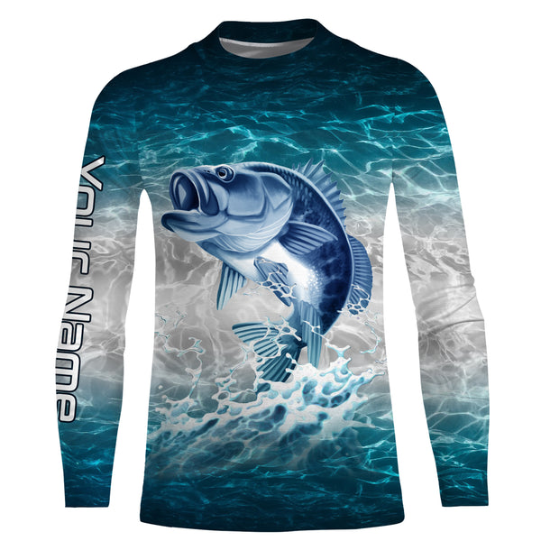 Bass fishing blue sea water camo Custom Name performance long sleeve fishing shirts uv protection NQS3680