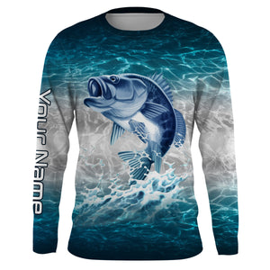 Bass fishing blue sea water camo Custom Name performance long sleeve fishing shirts uv protection NQS3680