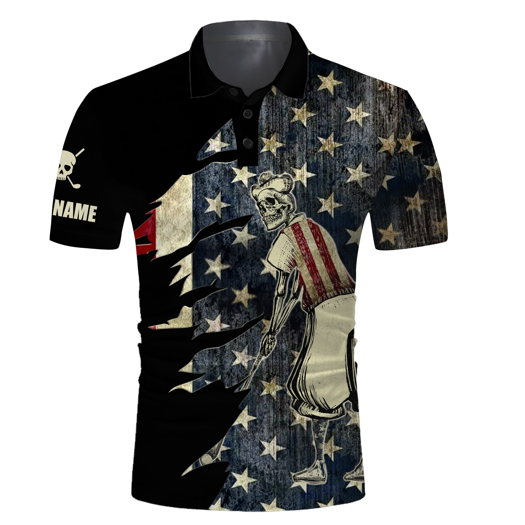 American flag golf skull patriotic Men golf polo upf shirts custom team black golf polo NQS3681