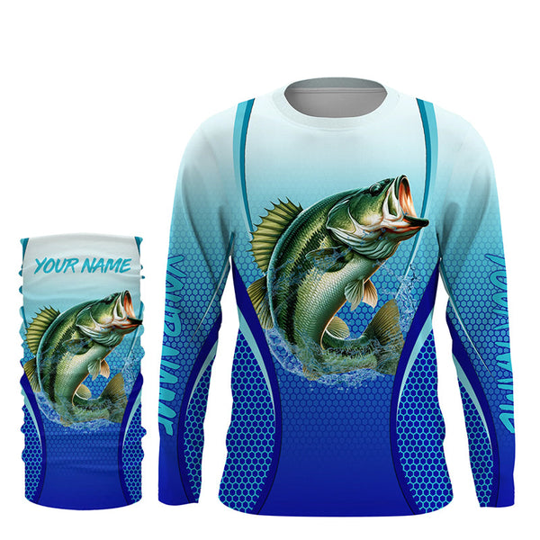 Largemouth bass Fishing blue camo Bass jersey custom name long sleeves shirts fishing apparel NQS2313