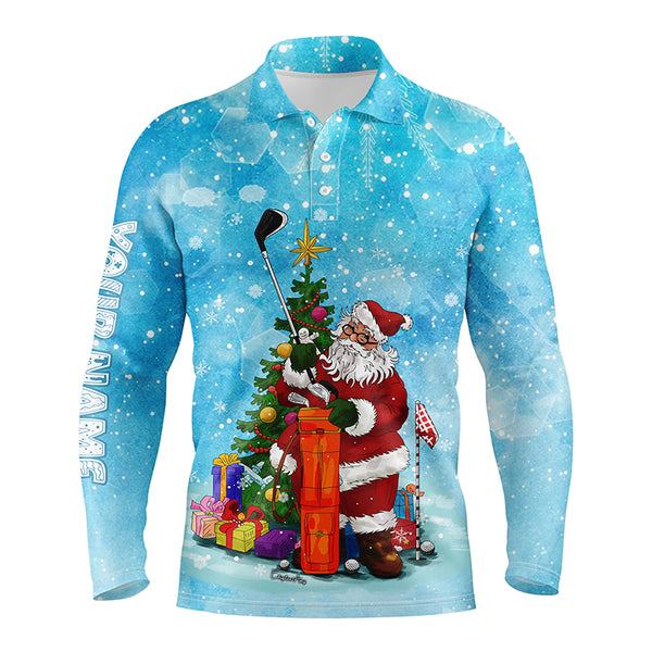 Christmas Mens golf polo shirts custom name blue snow winter Santa golfer, Christmas golf gift for men NQS4454