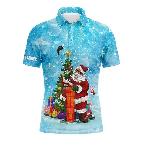 Christmas Mens golf polo shirts custom name blue snow winter Santa golfer, Christmas golf gift for men NQS4454