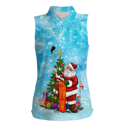 Christmas Womens sleeveless polo shirt blue snow winter Santa golfer, Christmas golf gift for women NQS4454