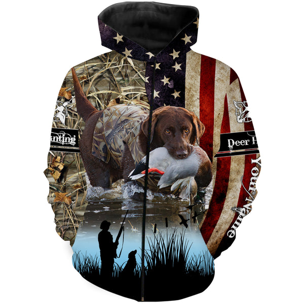 American flag Chocolate Lab duck hunting dog waterfowl camo custom name 3D hunting apparel NQS3841