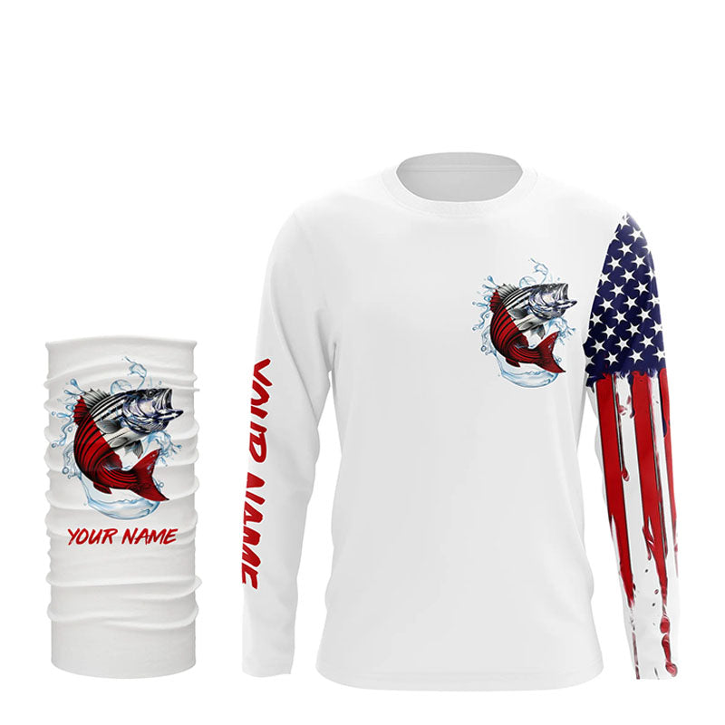 American Flag Striped Bass Fishing Personalized Patriotic UV Protection Striper Fishing Shirts for Men NQS5592 Long Sleeves UPF / M