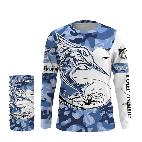 Angry Marlin saltwater fishing blue ocean sea camo custom sun protection long sleeve fishing shirts NQS3851