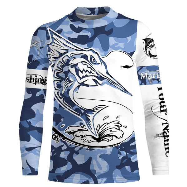 Angry Marlin saltwater fishing blue ocean sea camo custom sun protection long sleeve fishing shirts NQS3851