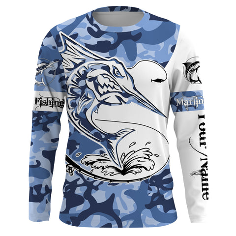 Angry Marlin saltwater fishing blue ocean sea camo custom sun protection long sleeve fishing shirts NQS3851