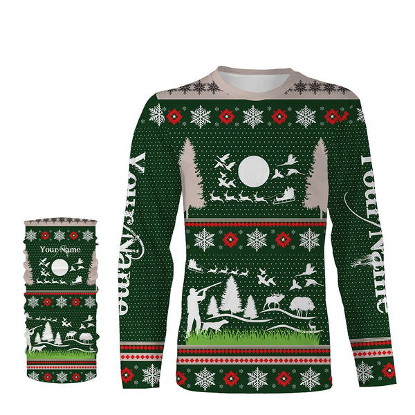 Hunter Santa funny ugly christmas sweatshirt full print shirts green Christmas pattern , Christmas gift For Adult and kid NQS2565