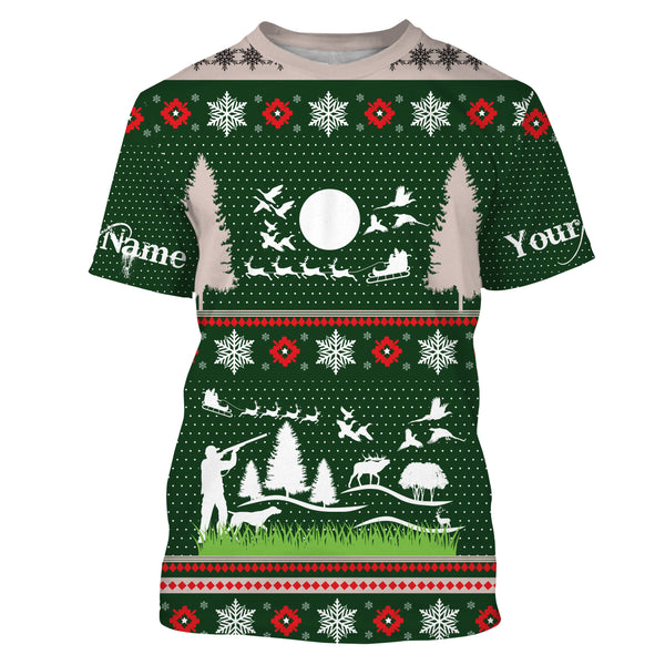 Hunter Santa funny ugly christmas sweatshirt full print shirts green Christmas pattern , Christmas gift For Adult and kid NQS2565