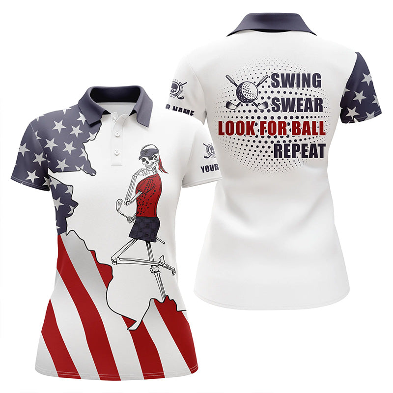 American flag patriotic Women golf polos shirt custom name golf skull swing swear look for ball repeat NQS5094