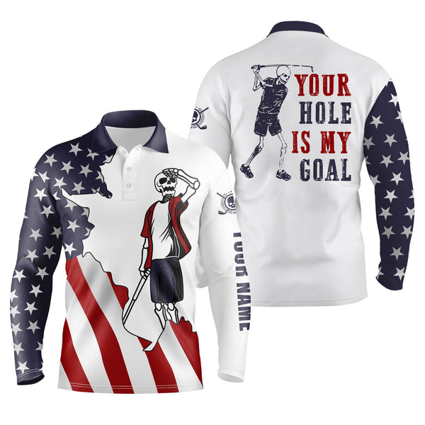 American flag patriotic Mens golf polos shirts custom name funny  golf skull your hole is my goal NQS5095