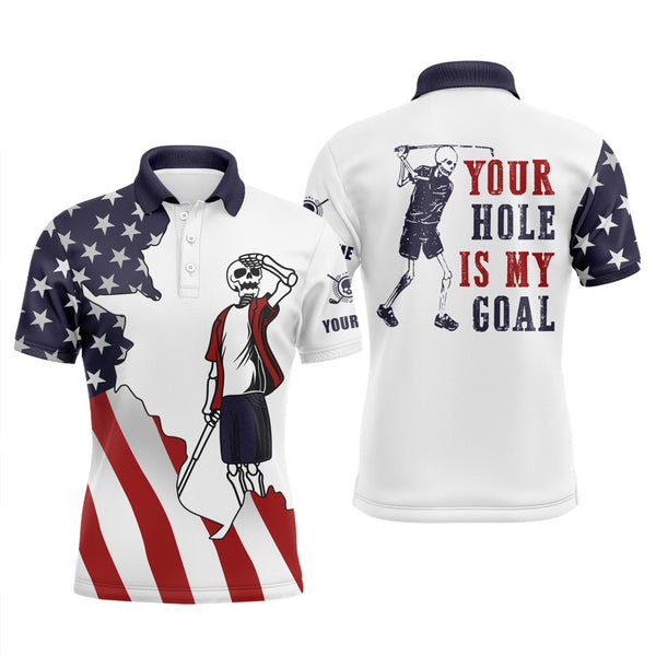 American flag patriotic Mens golf polos shirts custom name funny  golf skull your hole is my goal NQS5095