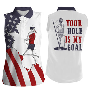 American flag patriotic Womens sleeveless polo shirt funny golf skull your hole is my goal golf gifts NQS5095