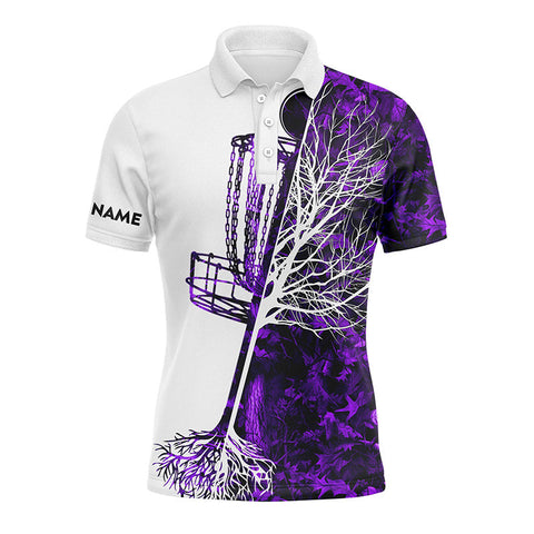 Mens disc golf polo shirt custom purple camo disc golf basket, personalized disc golf shirts NQS4632