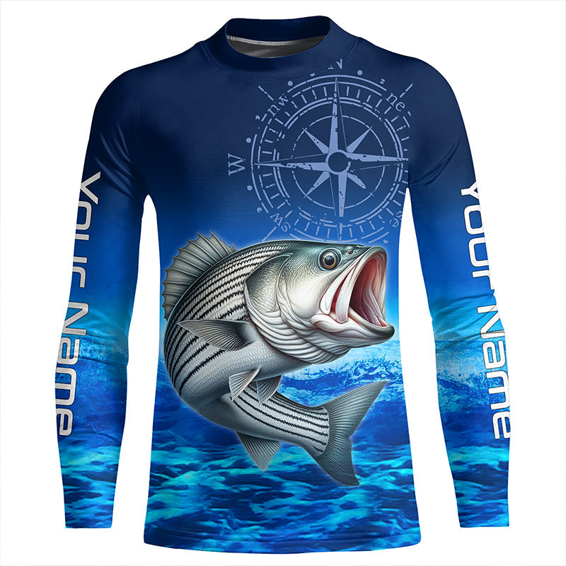 Personalized Striped Bass Blue Long Sleeve Performance Fishing Shirt, Compass Striper Tournament Shirt NQS5852 Kid Long Sleeves UPF / L
