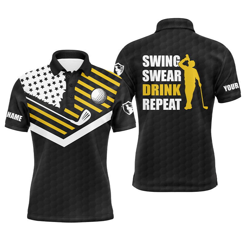 Mens golf polo shirt swing swear drink repeat custom name black American flag golf shirts NQS4034