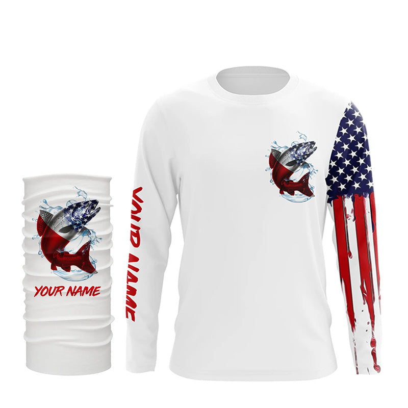 American Flag Chinook Salmon Fishing Personalized Patriotic UV Protection Salmon Fishing Shirt for Men NQS5625 Long Sleeves UPF + Face Shield / 3XL