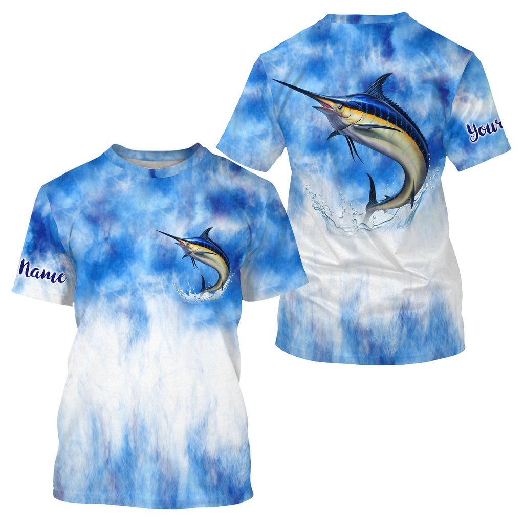 Marlin Saltwater Fishing Blue Sea Camo Custom Name Sun Protection UPF Long Sleeves Fishing Jersey Shirt NQS3541, Kid Long Sleeves UPF / 2XL