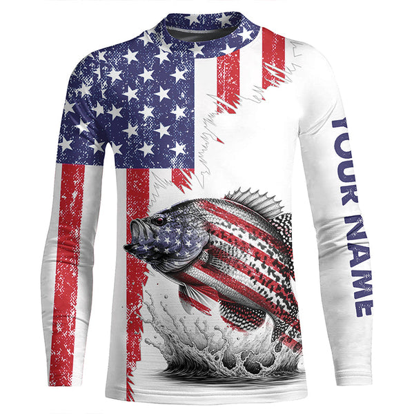 American flag Crappie patriotic fishing Custom name Crappie tournament long sleeves fishing shirts NQS5865