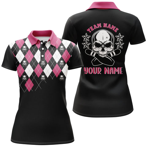 Pink bowling skull custom name and team name bowling polo shirt for women, bowling jersey NQS4690