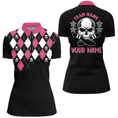 Pink bowling skull custom name and team name Quarter Zip bowling shirt for women, bowling jersey NQS4690