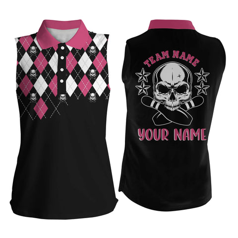 Pink bowling skull custom name bowling Sleeveless polo shirt for women, bowling jersey NQS4690