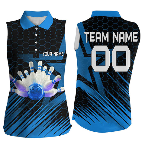 Blue Bowling Shirt For women Custom sleeveless polo Bowling Jersey 3D Bowling Team Shirt For women NQS5139