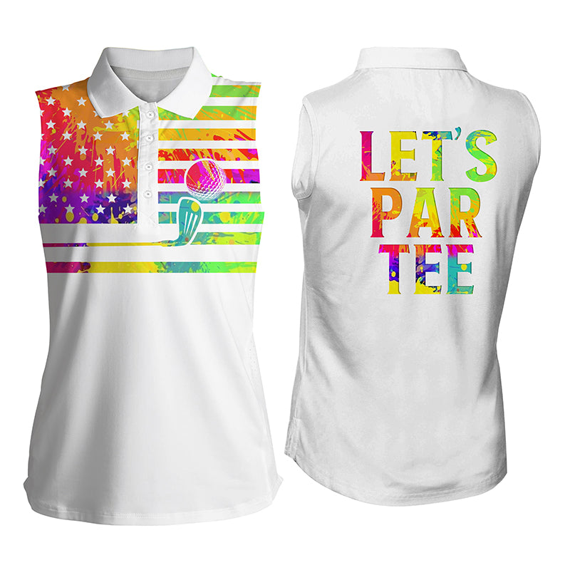 Womens sleeveless polo shirts watercolor American flag Let’s Par Tee white golf shirt NQS4032