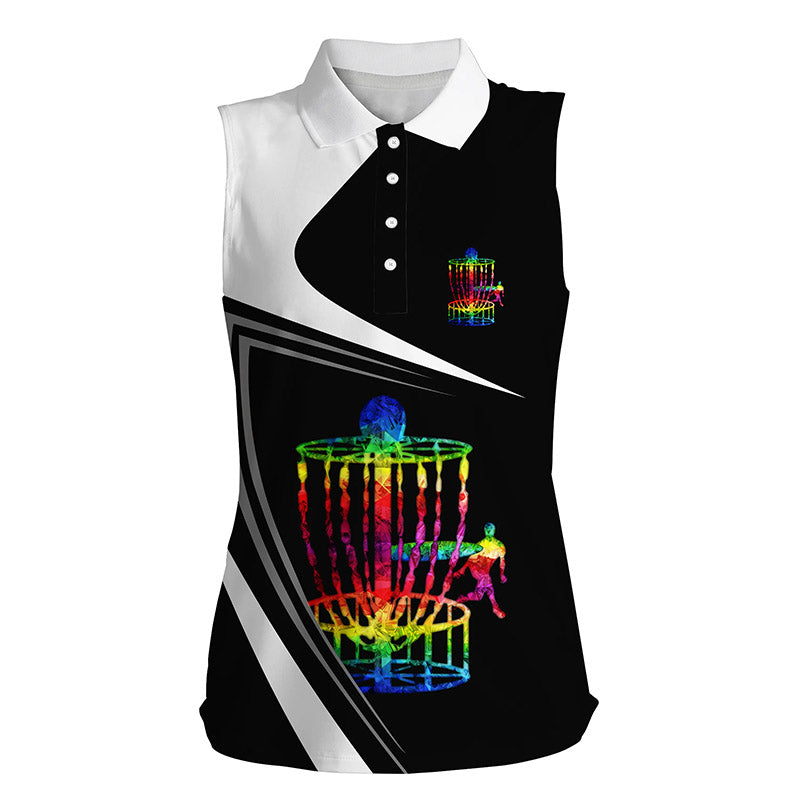 Womens disc golf sleeveless polo shirt watercolor disc golf basket, black and white disc golf shirts NQS4483