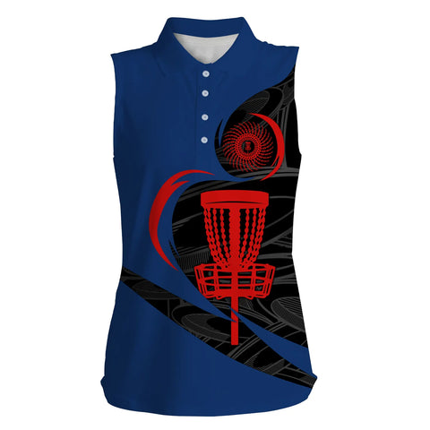 Disc golf basket Womens sleeveless polo shirt, lady disc golf polo shirts, disc golfing gifts | Blue NQS4694