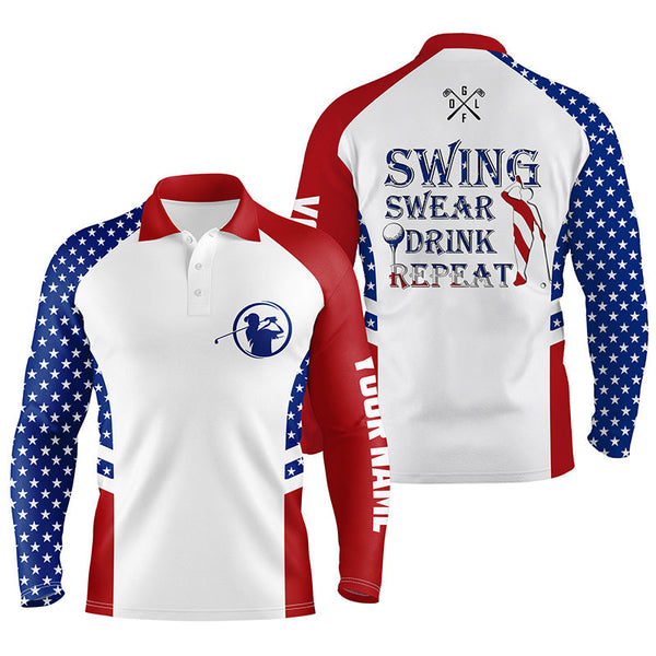 Mens golf polo shirt Swing swear drink repeat custom name American flag patriotic white golf shirt NQS3890