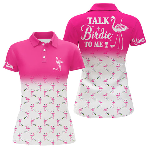 Funny Womens golf polo shirt custom pink and white flamingo golf shirts talk birdie to me NQS6118